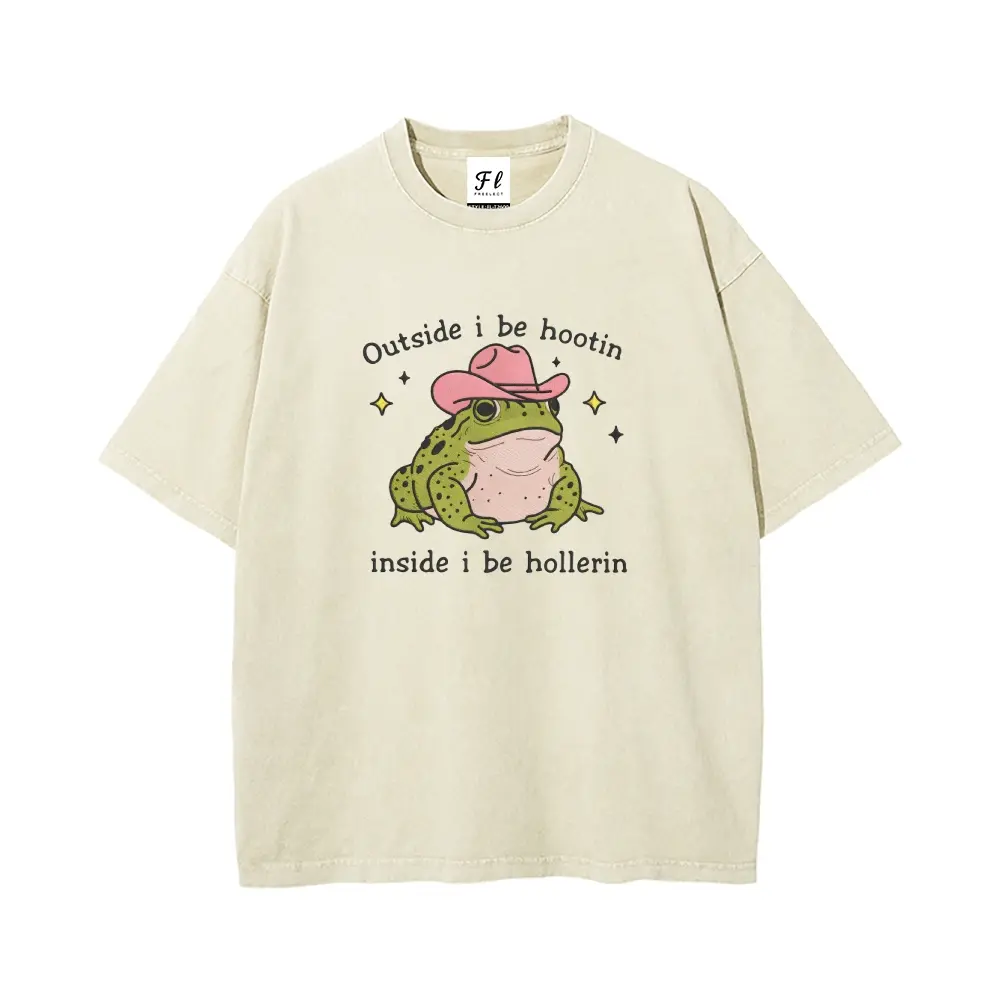 “Outside I Be Hootin Inside I Be Hollerin” Cowboy Frog Meme Unisex Plus Size Summer Graphic Tee, Personalized Pattern, Y2K, Washed