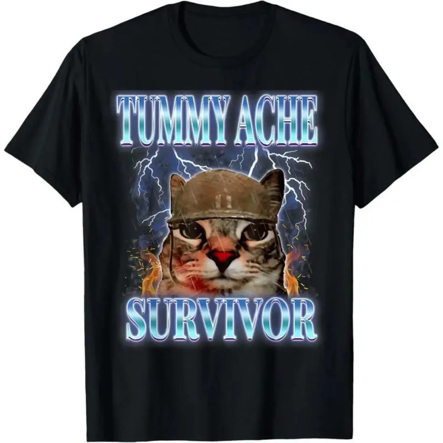 Women's Short Sleeve Tummy Ache Survivor Cat Meme Funny Saying Vintage Graphic Top